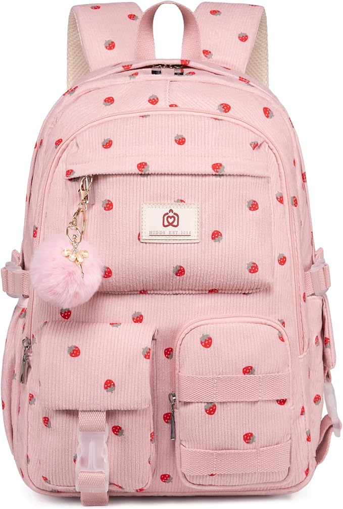 Hidds School Backpack for Teens Girls Women 15.6 Inch Laptop College Backpacks Corduroy Work Bag Kids Elementary Middle High Campus Bookbag Students Anti Theft Travel Daypack Womens - Pink Strawberry