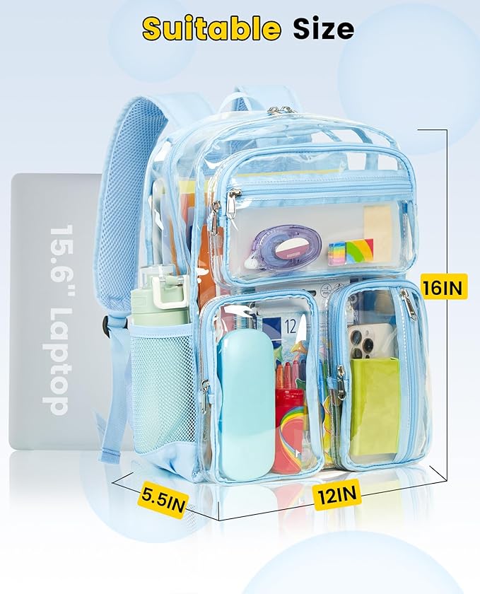 Vorspack Clear Backpack Heavy Duty - Large Clear Bookbag Transparent See Through Backpacks for College Work Festival - Sky Blue