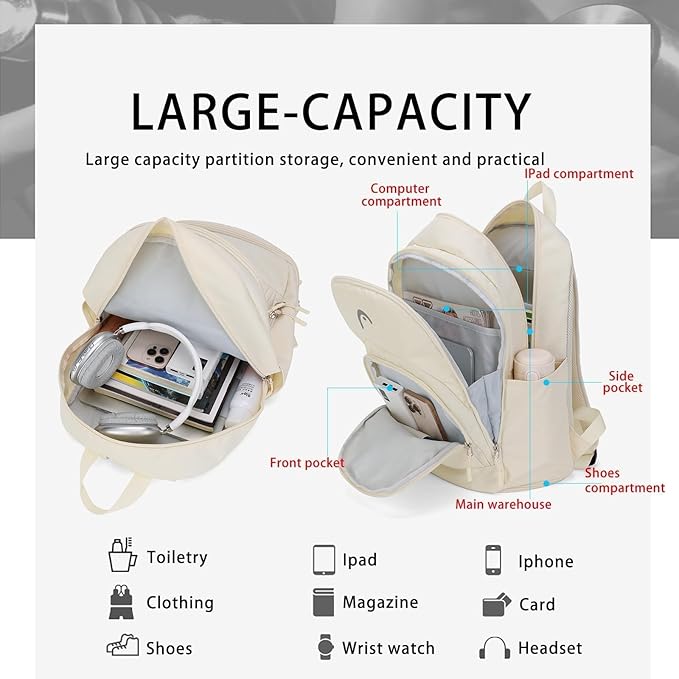 HEAD Waterproof Travel Backpack for Women, Lightweight 15.6 Inch Laptop Backpack with Shoes Compartment, Casual Daypack College Backpacks with 8 Pockets for Overnight/Sports Gym/Work/Fitness