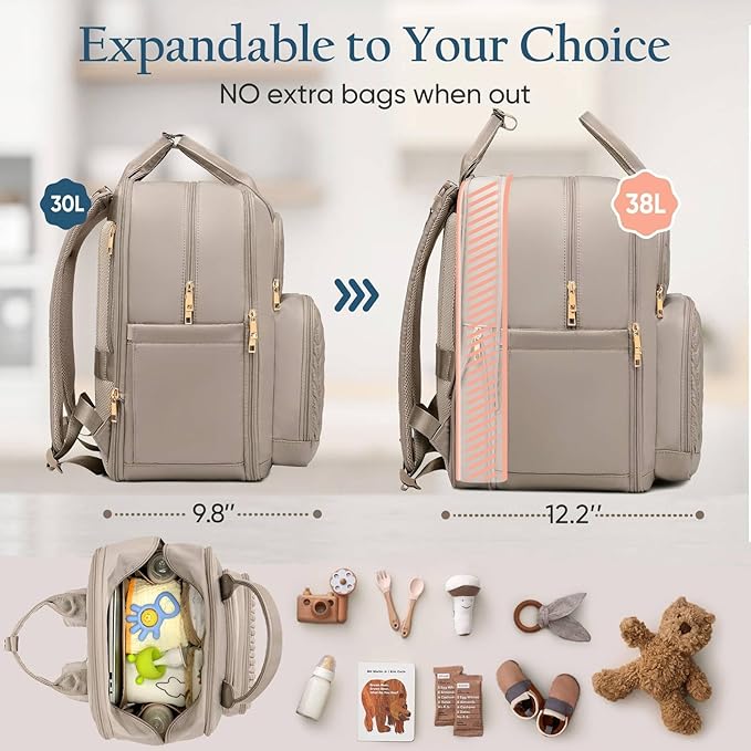 Diaper Bag Backpack - Extra Large Diaper Bag for Two Kids Twins (Expandable 30-38L) - Travel Baby Backpack with Changing Pad for Mom Dad (Quilted, Water Resistant, Brown Taupe)