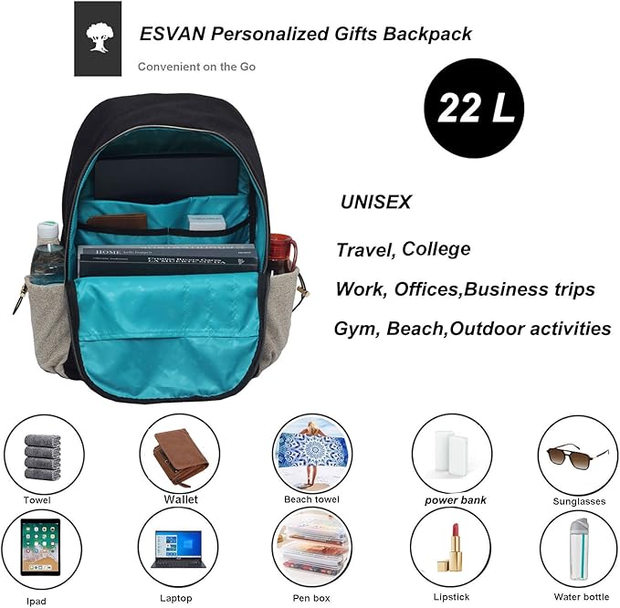 ESVAN Personalized Gifts Backpack Canvas Linen Nylon 17 inch Laptop Bag for Women Casual College