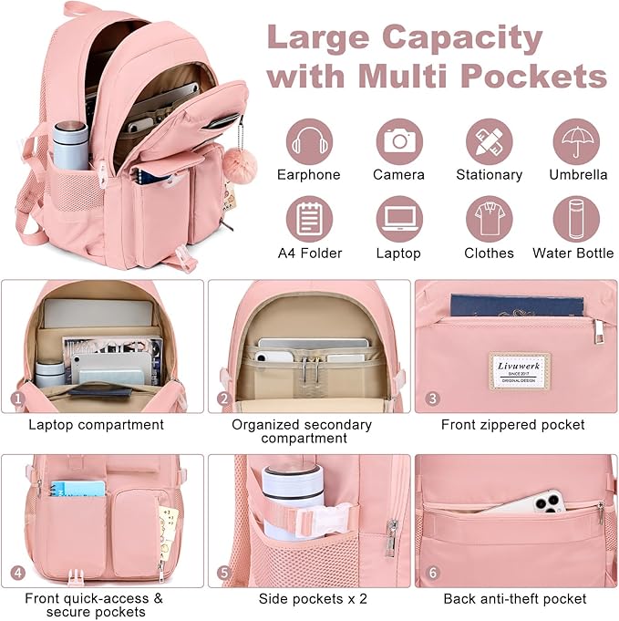 Laptop Backpack for Women College Bookbag: 15.6 Inch Student Backpacks Anti Theft Daypack Large Cute Middle High School Bag Fashion Travel Back Pack Casual Book bag for Teen Girls Pink
