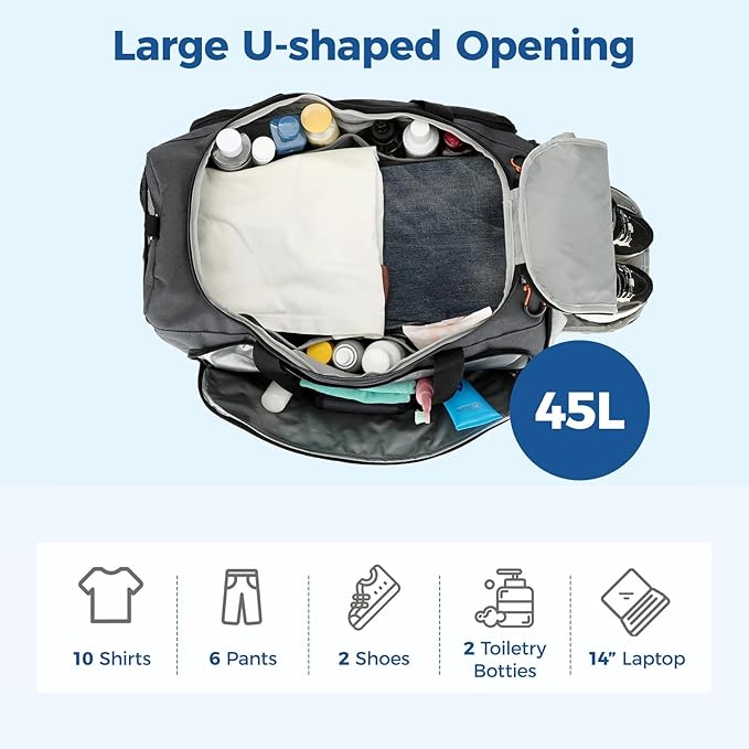 Searock 45L Gym Bag for Men, 3-In-1 Duffle Bag Backpack for Travel, Sports Duffel Bags for Gym Workout, Weekender Overnight Bag with Shoe Compartment, Wet Pocket, Dark Gray