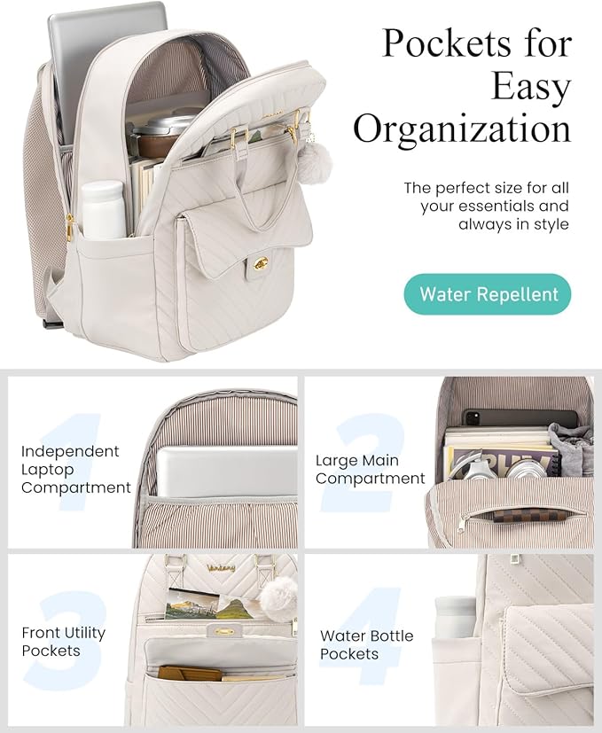 Aesthetic Bookbag for School Girls, Laptop Backpack with Charging Hole for College Women Teens Casual Daypack, Beige