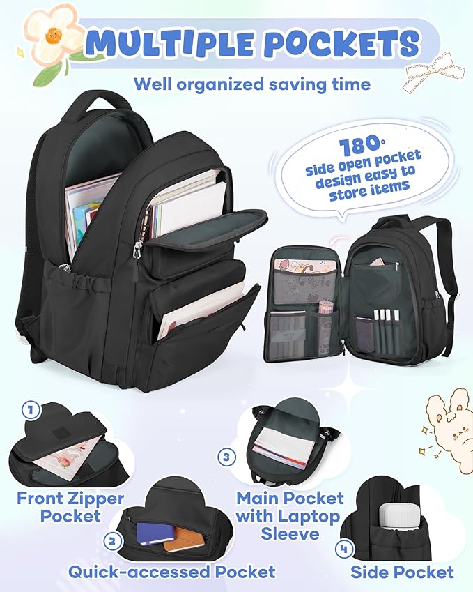 Backpack for Girls,Kids School Backpack Girls Cute Kindergarten Elementary Preschool Middle School Bags Kids Teens Aesthetic Bookbag Kawaii Backpacks Student Daypack Black