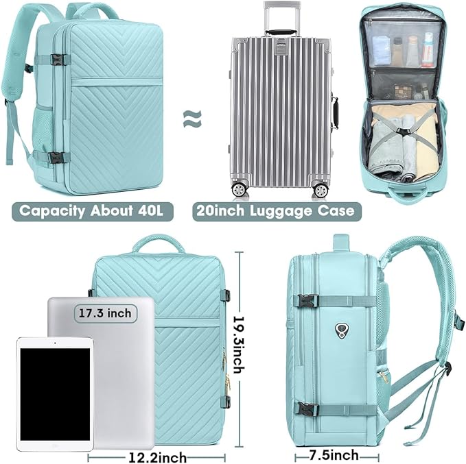 Large Carry On Travel Backpack - Flight Approved Waterproof Luggage Suitcase Backpacks Personal Item Size for Women Fit 17 Inch Laptop College Overnight Bag Anti-Theft Weekender Daypack Light Blue