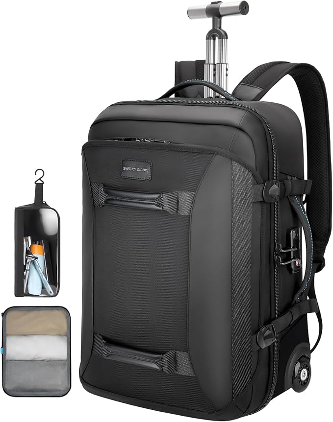 Backpack with wheels,Rolling laptop backpack with 2 Packing Cubes,Water-Resistant,Wheeled backpack Suitcase for Men Adults to Travel, Commuting,Black