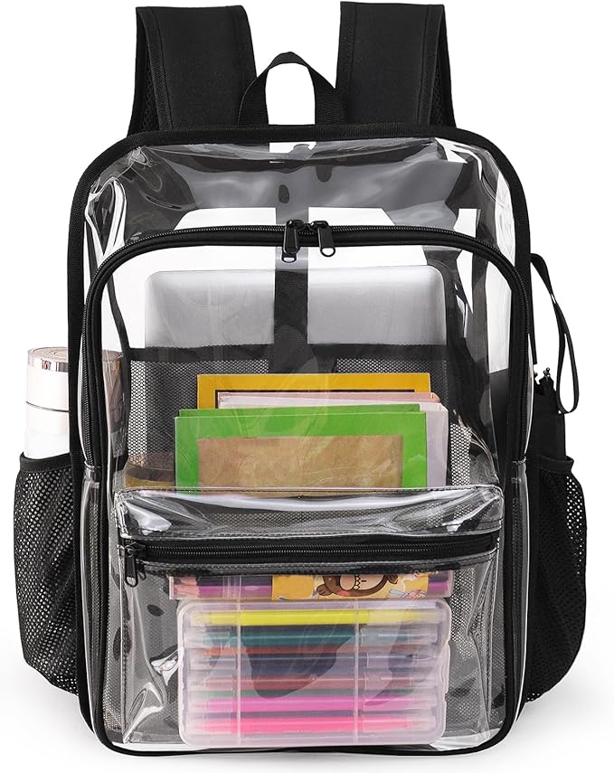 Clear Backpack,15.5 '' Clear Backpacks for School Heavy Duty PVC See Through Bag Waterproof Bookbag for Girls & Boys, Black