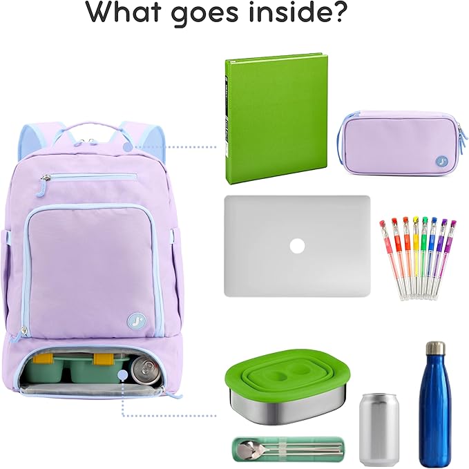 J World New York 2-in-1 Insulated Backpack Lunch Box for Kids. Adult School Bookbag, Purple