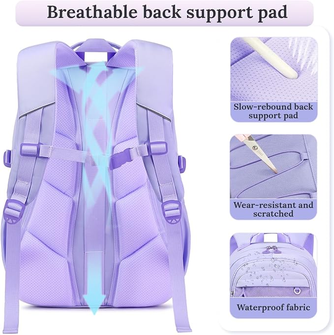 Cusangel Teen Girls Backpack for School, 18in Purple Travel Student Laptop Backpack For College Large Capacity Waterproof Daypack