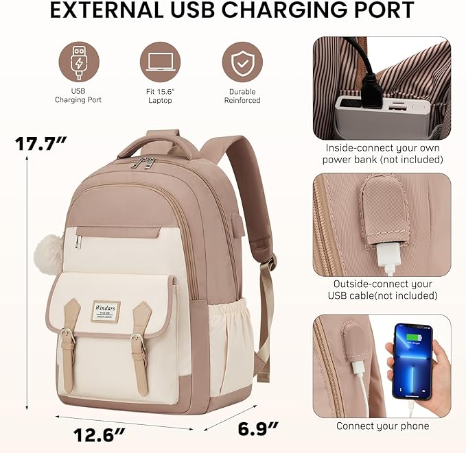 Student Laptop Backpack for College Teen Girls, Cute Middle High School Bag Women Bookbag Large Travel Back Pack Fit 15.6 Inch Laptop (Khaki Beige)