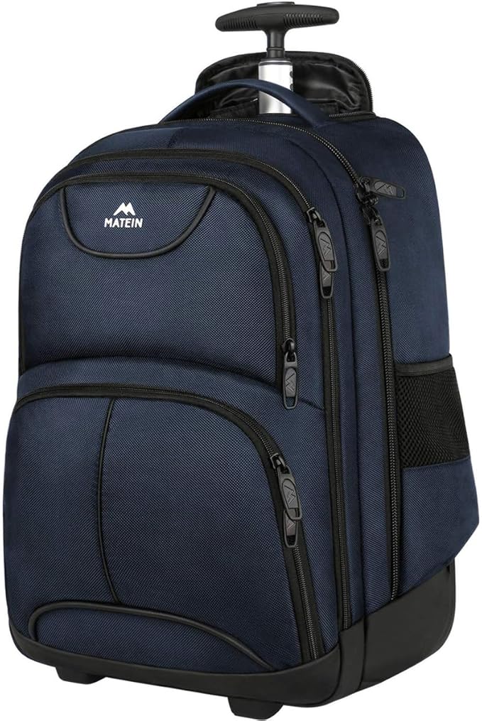 MATEIN Backpack with Wheels, Travel-friendly Rolling Laptop Backpack for Men Women, Freewheel Carry on Luggage Business bag, Compact College Trolley Suitcase Computer Bag fit 17 inch Notebook, Blue