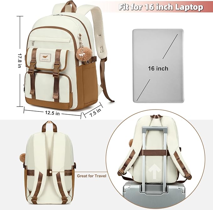 3 PCS Backpack for Teen Girls,Laptop Backpacks 15.6 Inch School Bag with Lunch Box Pencil Pouch Set for Students Aesthetic College Bookbag Travel Daypack(Beige Khaki)