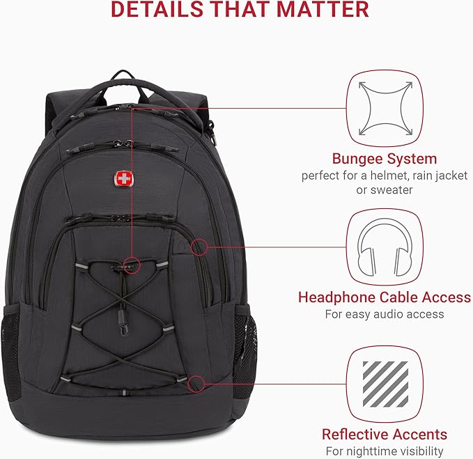 SwissGear 1186 Special Edition 13” Laptop Backpack – Grey – Compact Tech Bag with Reflective Accents – Multiple Organizer Pockets with Bungee Cords & D-ring Attachment Point