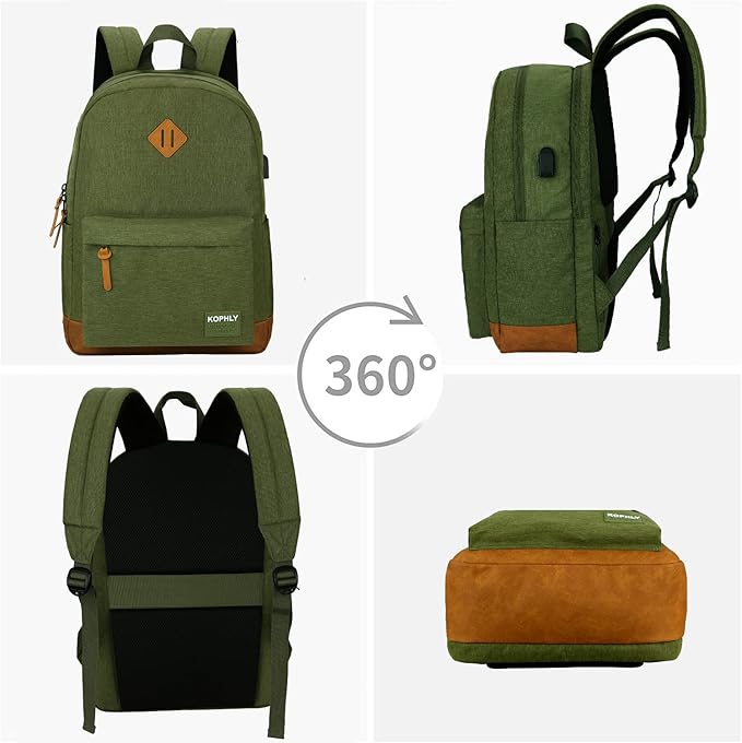 SUPACOOL Lightweight Laptop Backpack with USB Charging Port for Men and Women, Double Layers Backpack for College, Work, Travel, Casual(Olive and Brown)