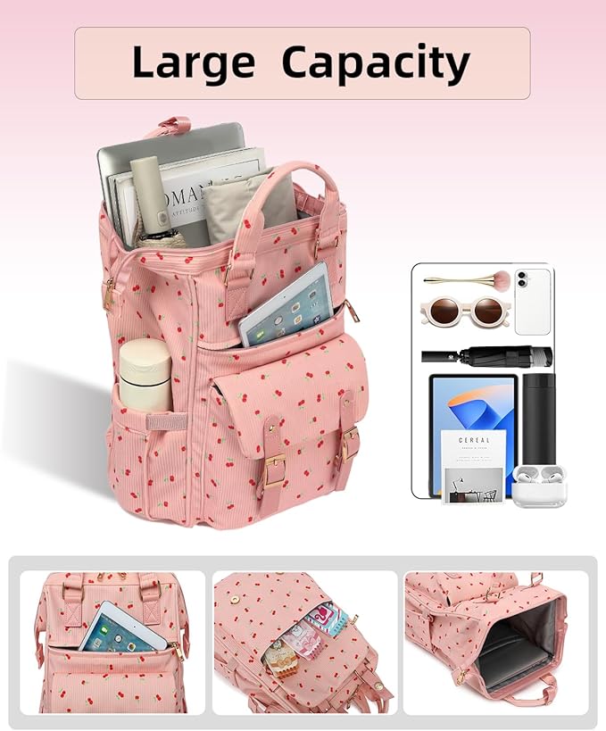 Laptop Backpacks for Women, Corduroy High School College Bookbag 15.6 Inch Laptop Bags for Girls Travel Daypack - Cherry Pink
