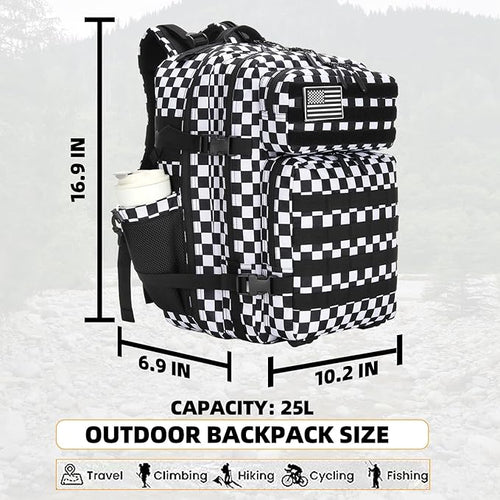 25L Tactical Military Backpack Small Travel Rucksack for Men and Women Assault Pack Bug Out Bag Molle Daypack Gym Backpack with Bottle Holder (Black White Checkered)