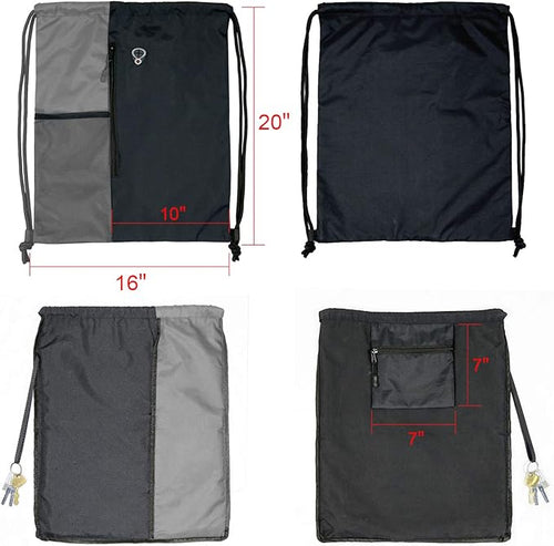 BeeGreem Grey Sport Bag Drawstring Backpack String Bag For Men Women Gym Backpack With Water Bottle Mesh Pockets And Two Zipper Pockets 16" x 20"