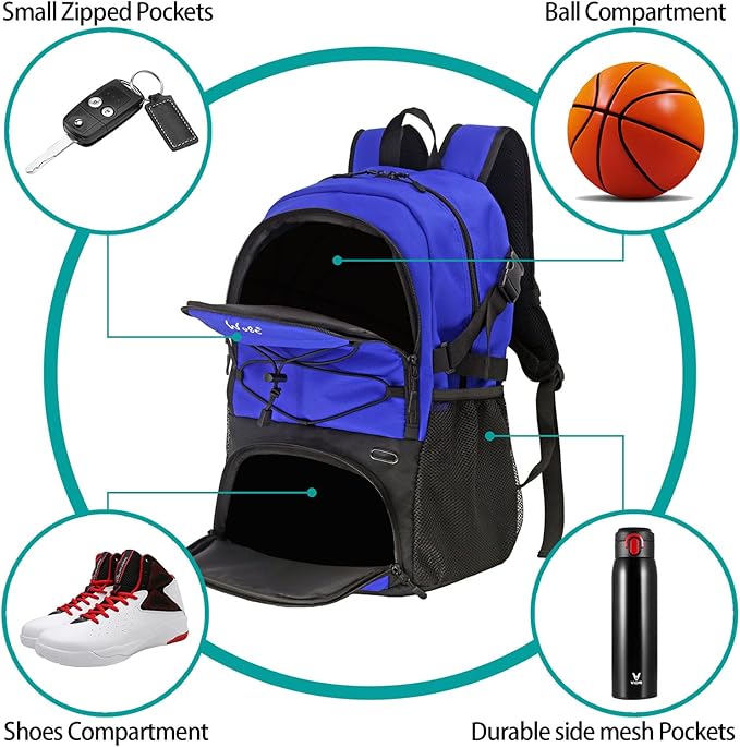 WOLT Basketball Backpack Large Sports Bag with Separate Ball Holder & Shoes Compartment, Best for Basketball, Soccer,Gym