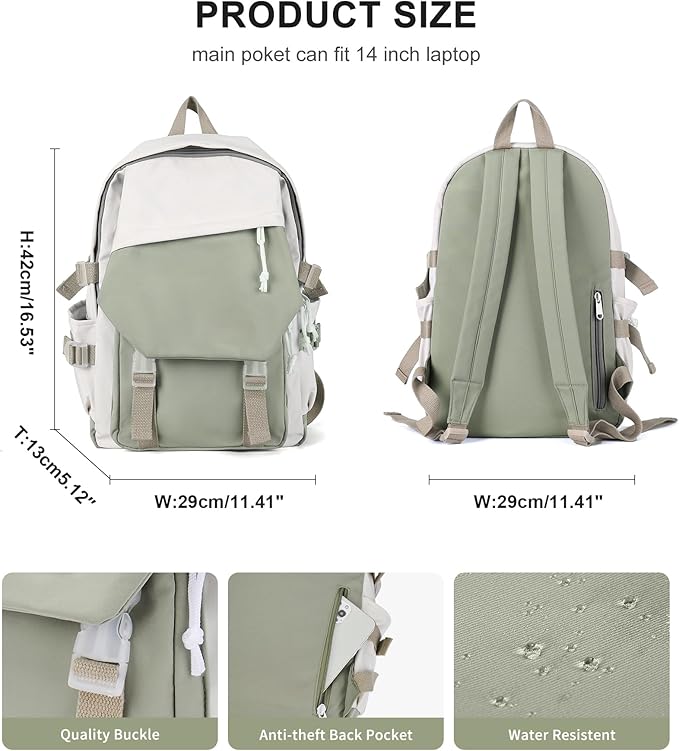 coowoz School Backpack Kids College Aesthetic Cute Backpack Lightweight Casual Daypack Laptop Backpacks Men Women Rucksack Sport High Middle School Bookbag for Girls Boys Gray Green white