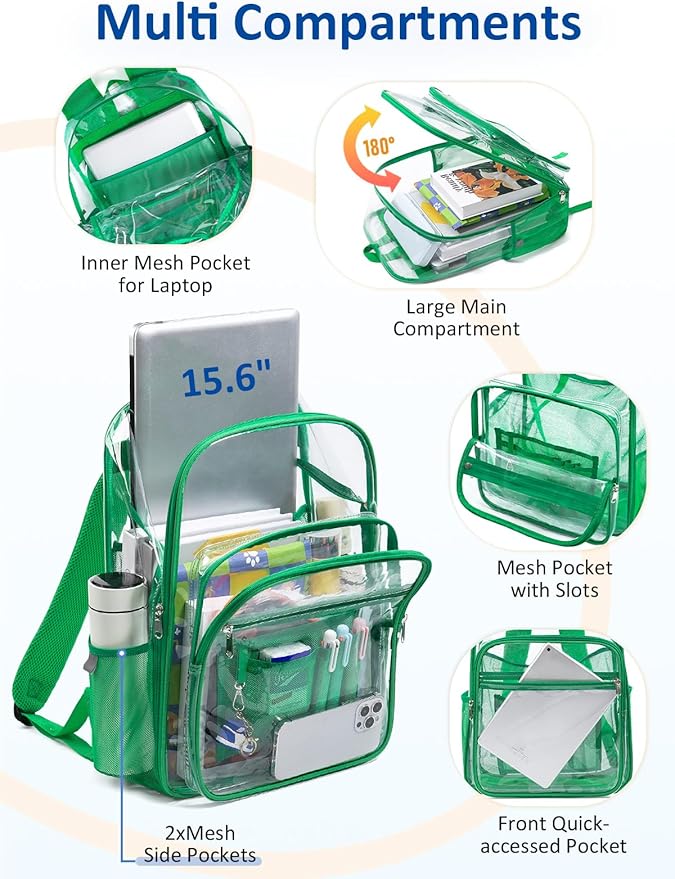 Extra Large Clear Backpack with TSA Lock, Heavy Duty Transparent See Through Clear Bookbag for College, Work, Travel, Casual Sport, Green