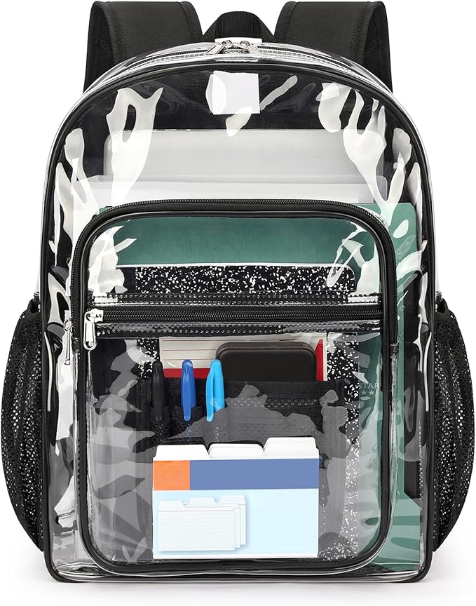 ZORFIN Clear Backpack Heavy Duty for School – 17in Transparent PVC Bag with Large Capacity & Reinforced Straps for Men, Women, Boys & Girls - See Through Bookbag for College Workplace Security, Black