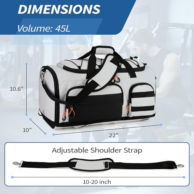 Searock 45L Gym Bag for Men, 3-In-1 Duffle Bag Backpack for Travel, Sports Duffel Bags for Gym Workout, Weekender Overnight Bag with Shoe Compartment, Wet Pocket, Gray