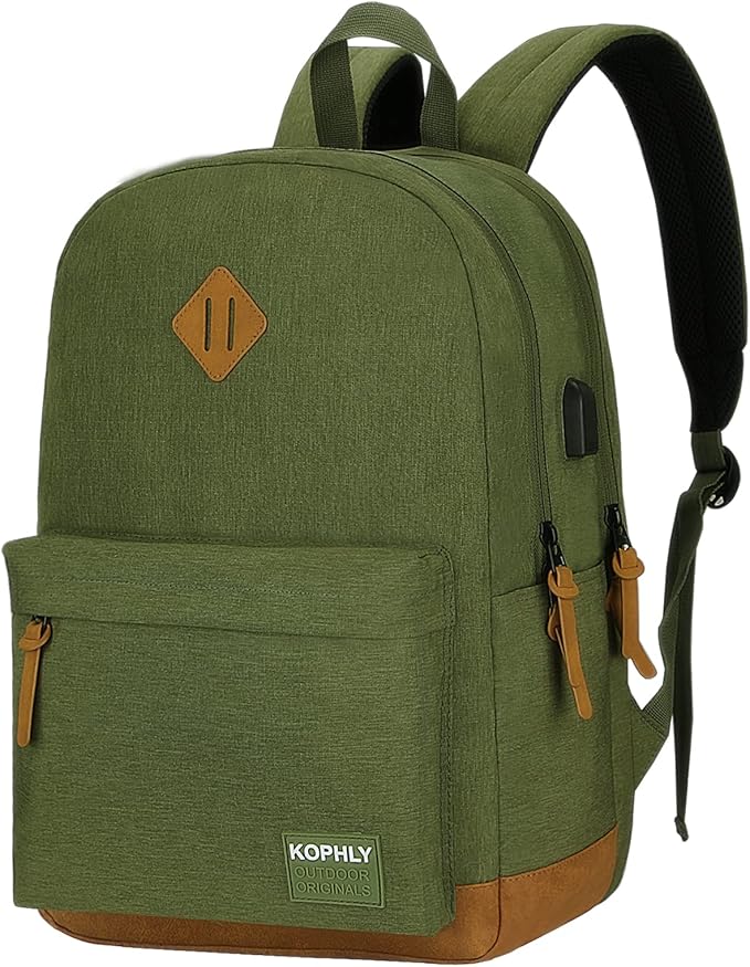 SUPACOOL Lightweight Laptop Backpack with USB Charging Port for Men and Women, Double Layers Backpack for College, Work, Travel, Casual(Olive and Brown)
