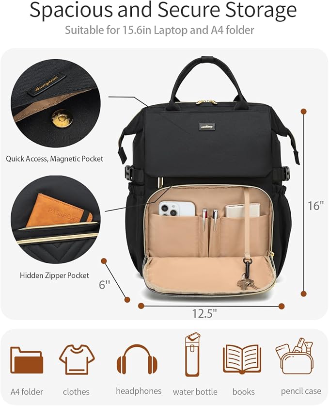 Laptop Backpack for Women, College Bookbag School Backpack for High School Teen Girls, Work Bags with Cup Holder & USB Charger for Teacher Nurse Travel, Black