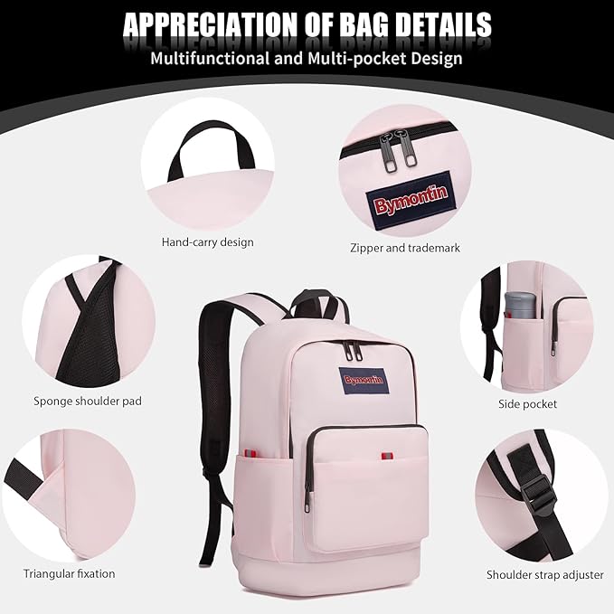 Classic Casual Backpack, Lightweight Daypack with 10 Pockets, Laptop Compartment, EVA Foam Pad (Light pink)