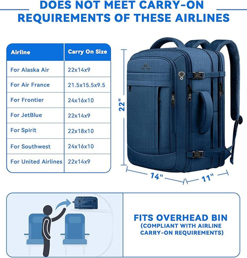 60L Big Capacity Carry On Laptop Backpack Large Travel Backpack for Men, Expandable Water Resistant Overnight Weekender Luggage Gym Daypack Rucksack Traveling Backpack, Traveler Gifts, Blue