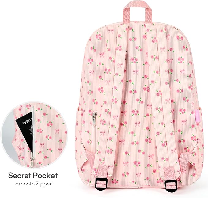 mibasies School Backpack for Girls with Laptop Sleeve: 18IN Large Capacity Corduroy Bookbag for Primary Middle School/College, Travel Daypack for Teens Women - Pink Flower Bow