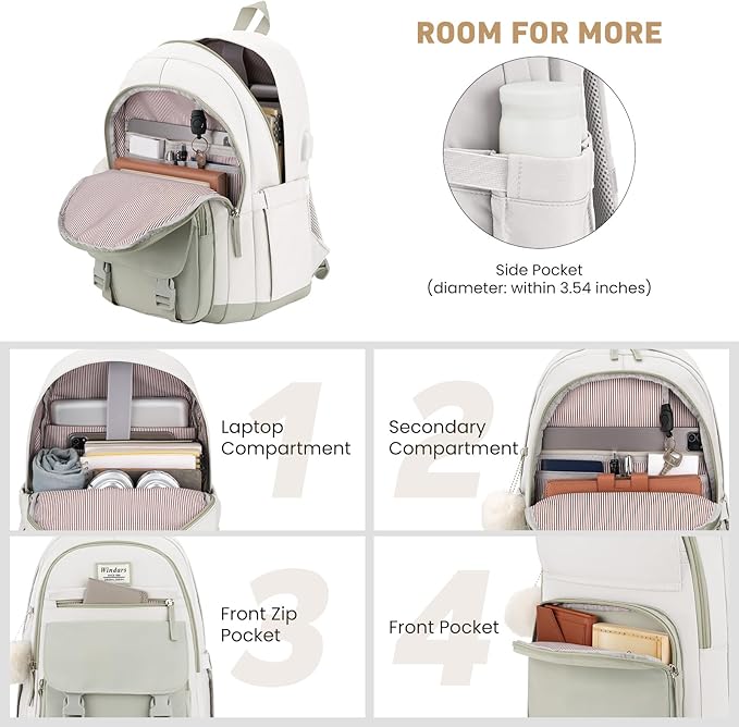 School Backpack for Teen Girls, Cute College Backpacks for Women Students Aesthetic Bookbag Large 15.6 Inch Laptop Bag Middle School Travel Back Pack (Green Beige)
