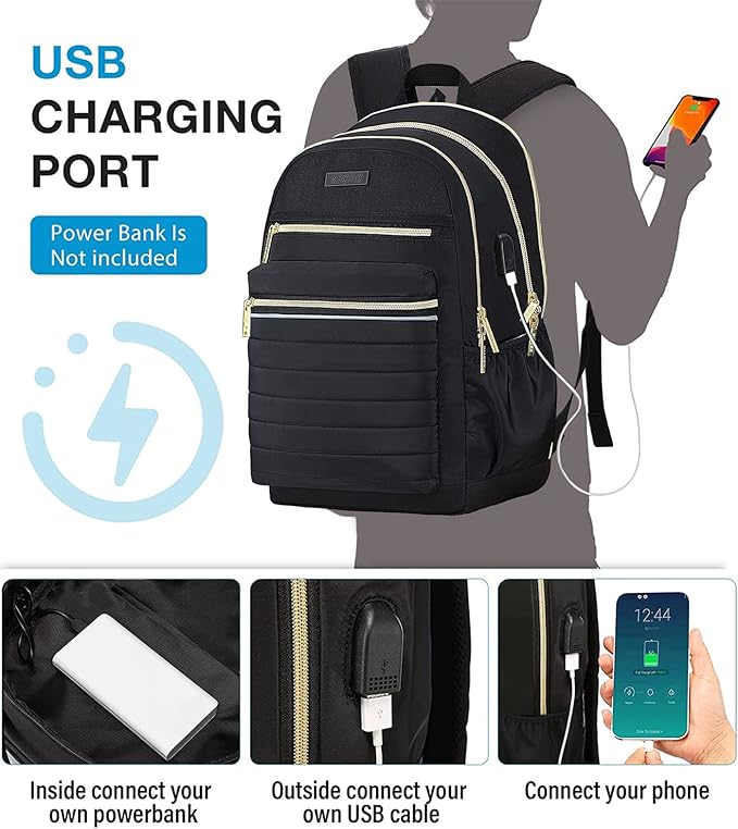KEOFID Casual Backpack for Women, Work Backpack for Women, Back pack for School College, Carry-On travel backpacks, Anti-Theft Womens backpacks, School bookbag for girls(Black and Gold)