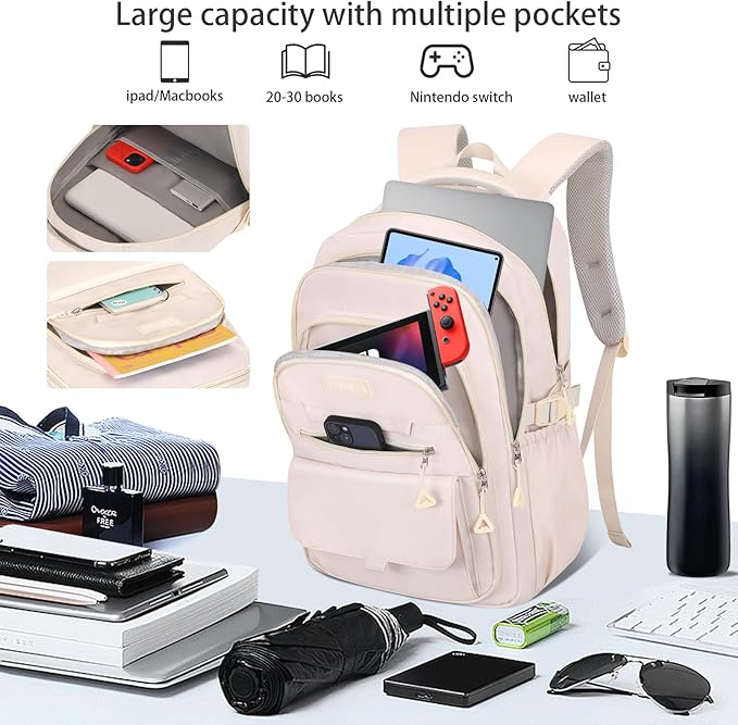 School backpack for Girls, Aesthetic Backpack for Women Cute Bookbag Preppy College (Beige)