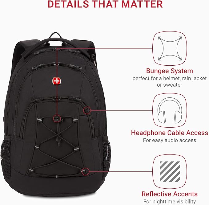 SwissGear 1186 Special Edition 13” Laptop Backpack Black – Compact Tech Bag with Reflective Accents – Multiple Organizer Pockets with Bungee Cords & D-ring Attachment Point