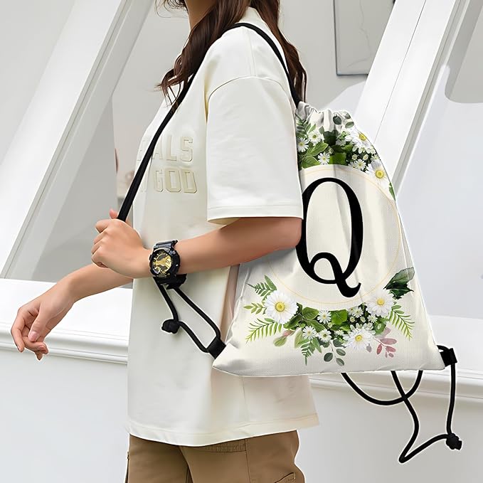 Initial Letter Drawstring Backpack String Sports Gym Bags Waterproof Sackpack Cute for Men Women Beach (13"×17") (Letter-Q)