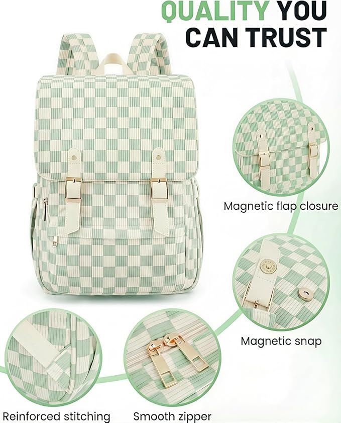 Corduroy Laptop Backpack for Women, Fits 15.6 Inch Computer Bag, College High School Bookbag Travel Daypack Purse, Work Business Bags - Corduroy Checkered Green