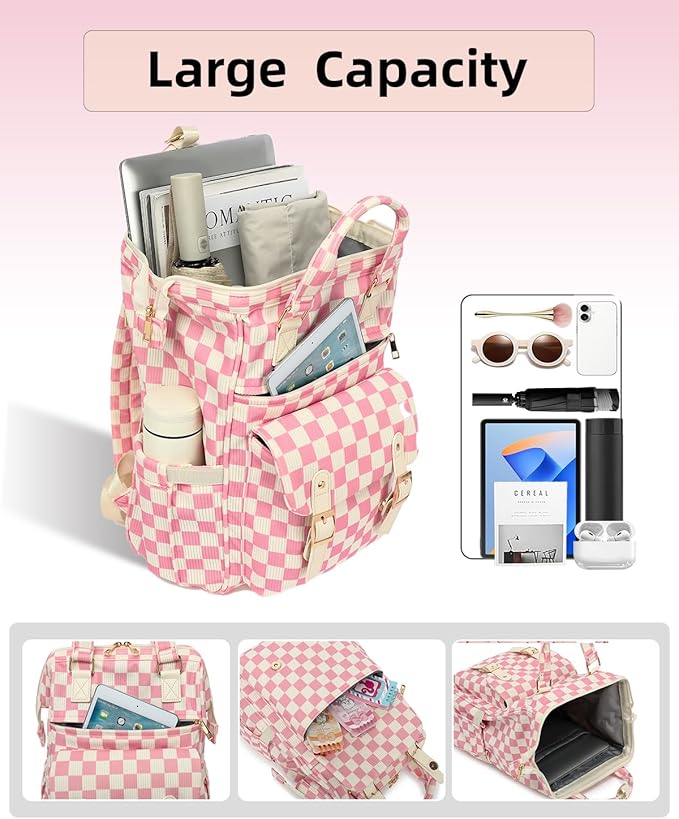 Laptop Backpacks for Women, Corduroy High School College Bookbag 15.6 Inch Laptop Bags for Girls Travel Daypack - Checkered Pink