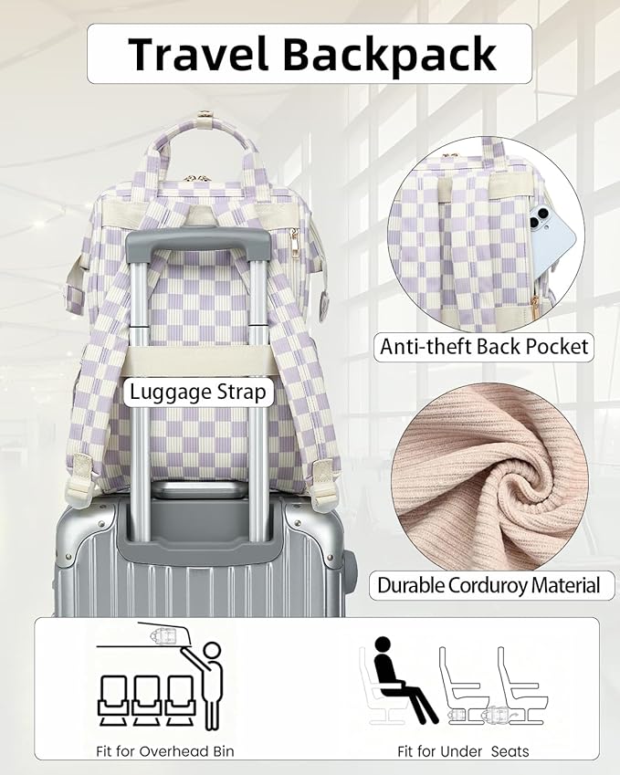 Laptop Backpacks for Women, Corduroy High School College Bookbag 15.6 Inch Laptop Bags for Girls Travel Daypack - Checkered Purple