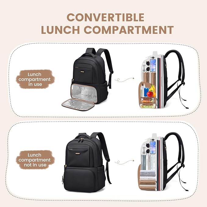 Lunch Backpack 16 Inch Laptop Backpack with Insulated Cooler Lunch Box Food Bag for College Work Camping Picnics (Black)