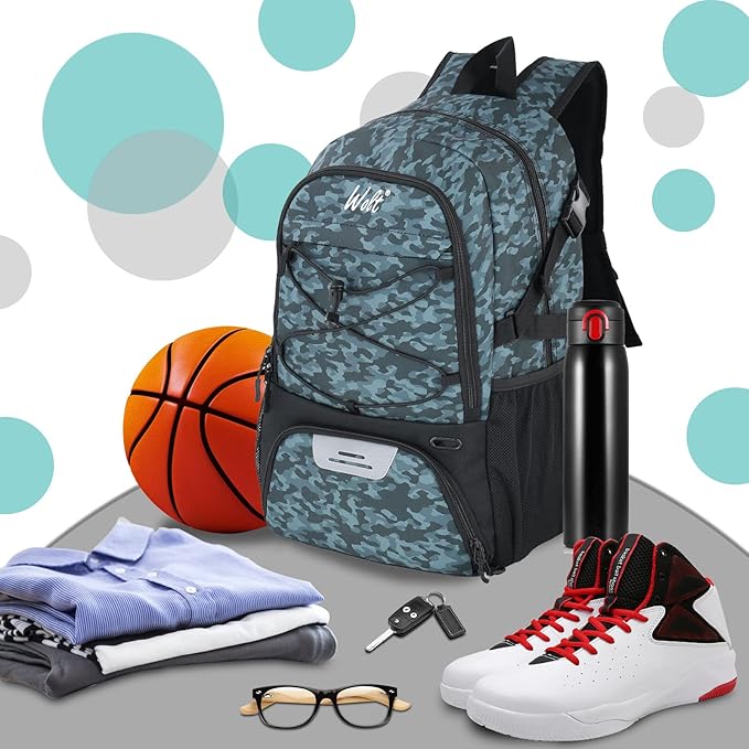 WOLT Basketball Backpack Large Sports Bag with Separate Ball Holder & Shoes Compartment, Best for Basketball, Soccer,Gym