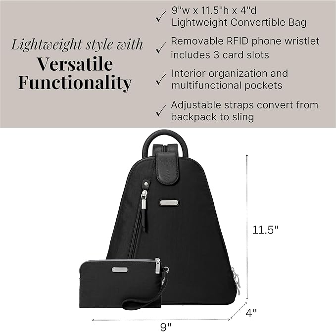Baggallini Metro Backpack with RFID Phone Wristlet - 9x11 Convertible Sling Bag for Women with Adjustable Shoulder Straps