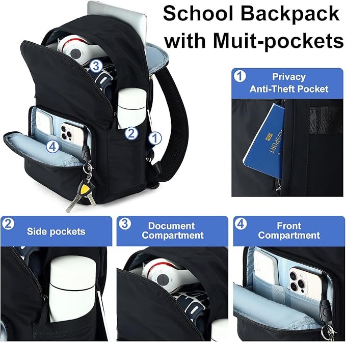 BTOOP Backpack for School Girls Teens Lightweight College Bookbag Casual Work Travel Laptop Backpack for Women Water Resistant Black Backpacks(Black)