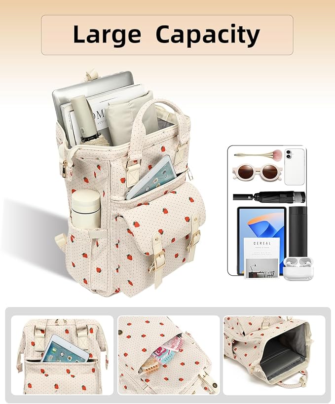 Laptop Backpacks for Women, Corduroy High School College Bookbag 15.6 Inch Laptop Bags for Girls Travel Daypack - Strawberry Beige