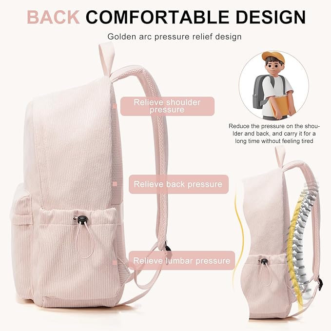 School Backpack for Teens Boys Girls Cute Corduroy Bookbag Classic Casual High School Bag Lightweight College Backpack For Women Men(Pink)