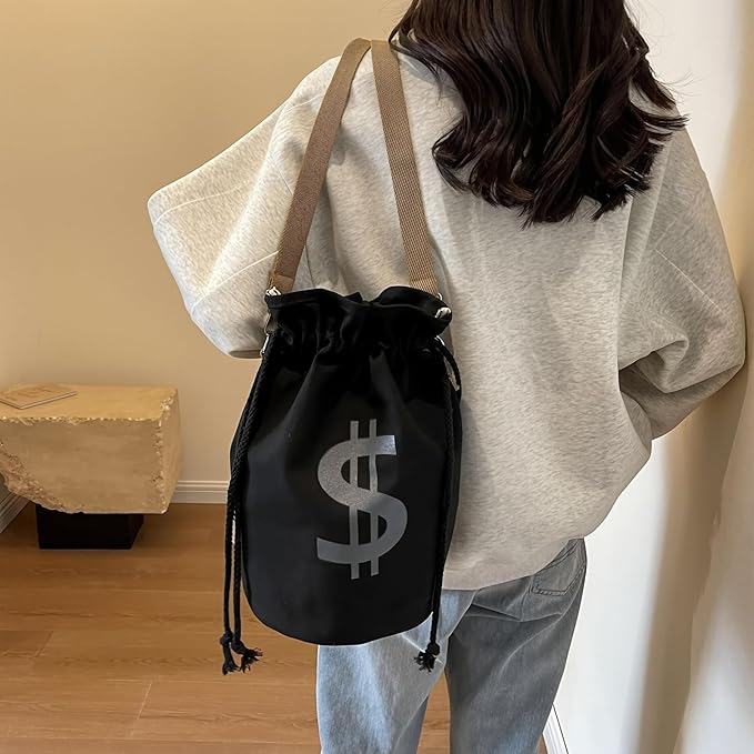 Canvas Drawstring Backpack with Coin pouch, Large Money Dollar Sign Bucket Rucksack, Lightweight Sport Bags (Off White)