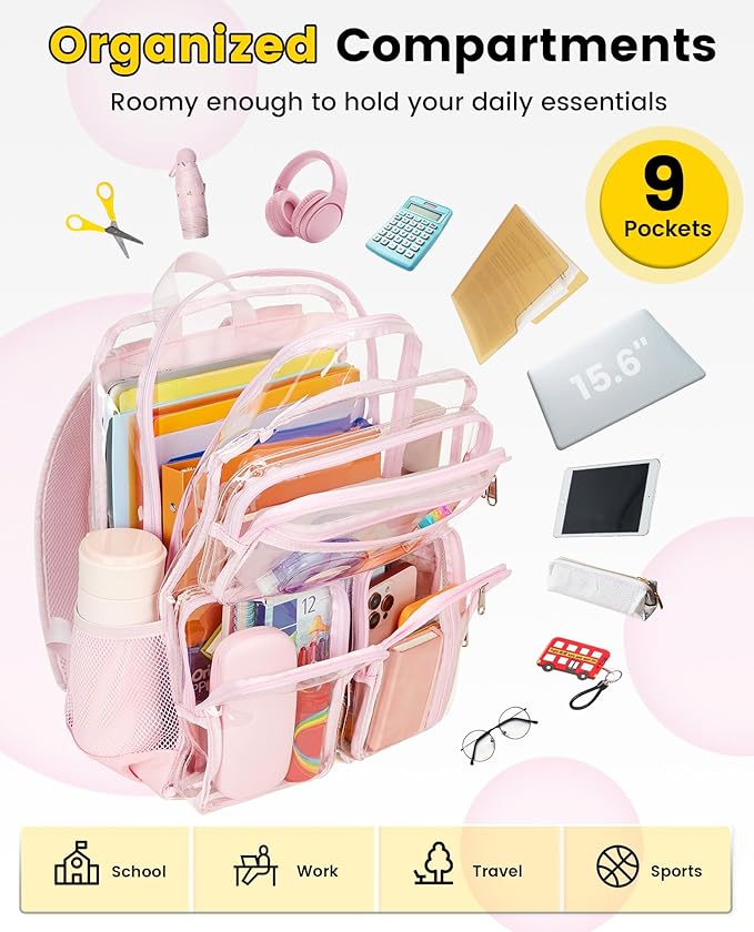 Vorspack Clear Backpack Heavy Duty - Large Clear Bookbag Transparent See Through Backpacks for College Work Festival - Light Pink