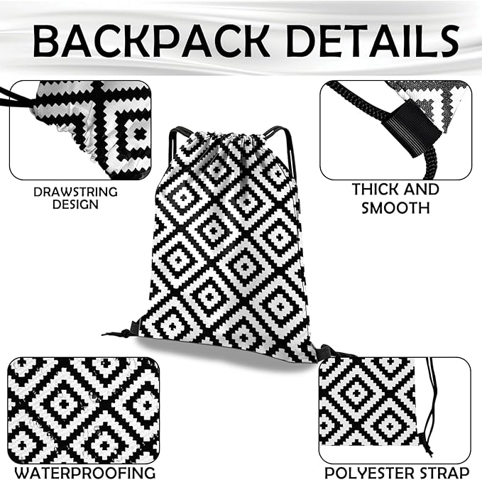 Drawstring Backpack Draw String Bag Waterproof for Sports Gym Beach Travel Cute Aesthetic Sackpack Men Women (13"×17")-Black Rhombus
