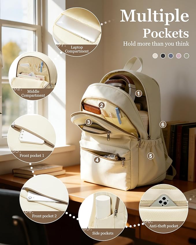 Lightweight School Backpack for Women Men, Multi Pocket Backpack for College Students, Waterproof Middle School Bags, Simple Bookbag for Teens Girls Boys, Beige